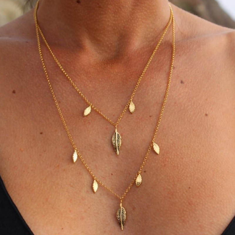 Yellow gold-plated silver double feather necklace