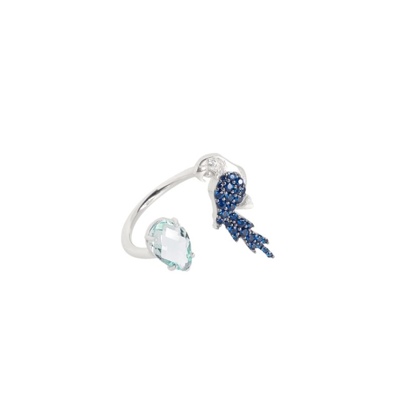 anello contrarie con pappagallo blu in argento 925. Thais Bernardes Gioielli