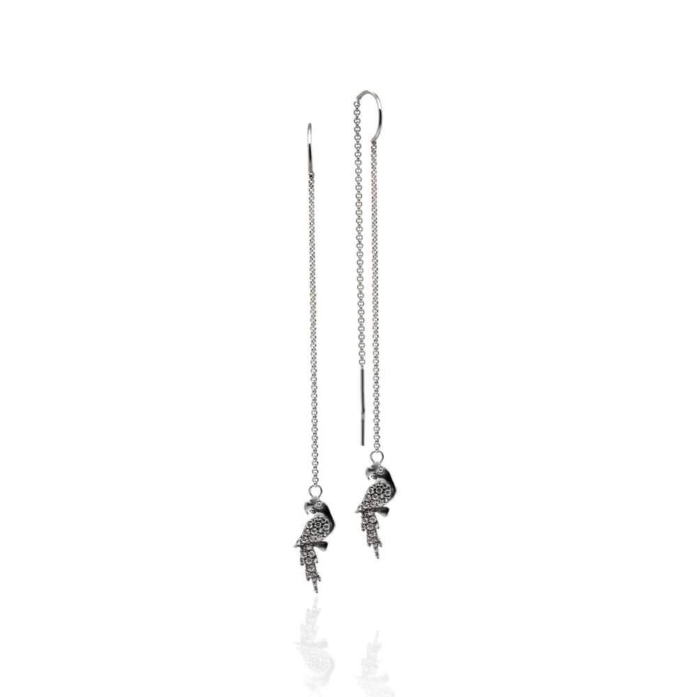 Long earrings with mini parrots in sterling silver with cubic zirconia. Thais Bernardes Jewellery.