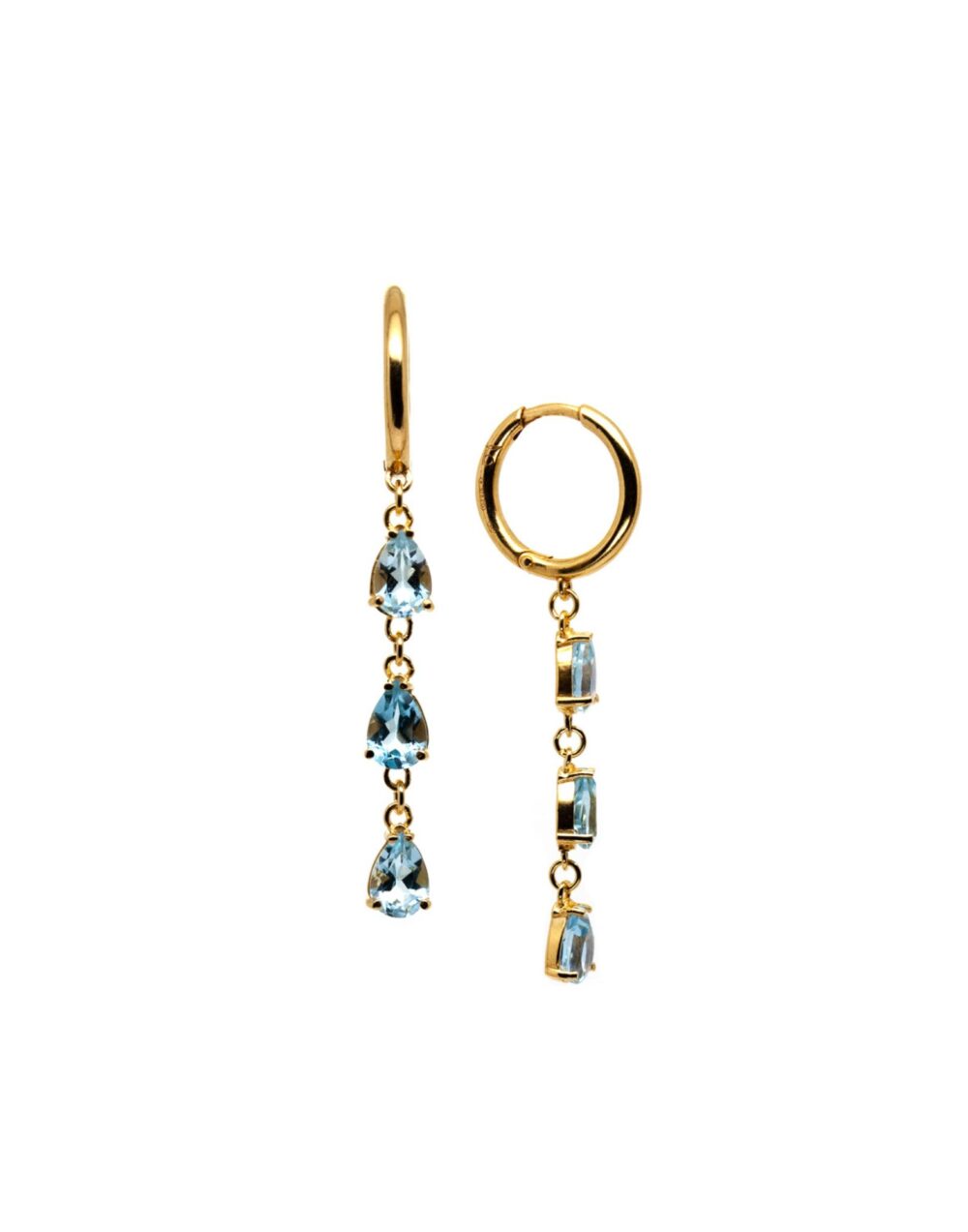 long earrings with blue topazes. Thais Bernardes jewellery