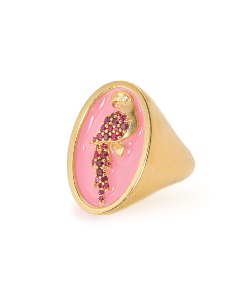 Anello Chevalier Smaltato Rosa e Pietre Rosse - Bild 2